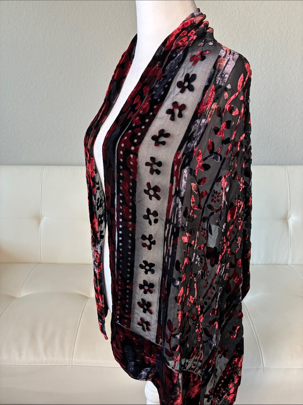 Red & Black Floral Velvet Burnout Scarf Wrap